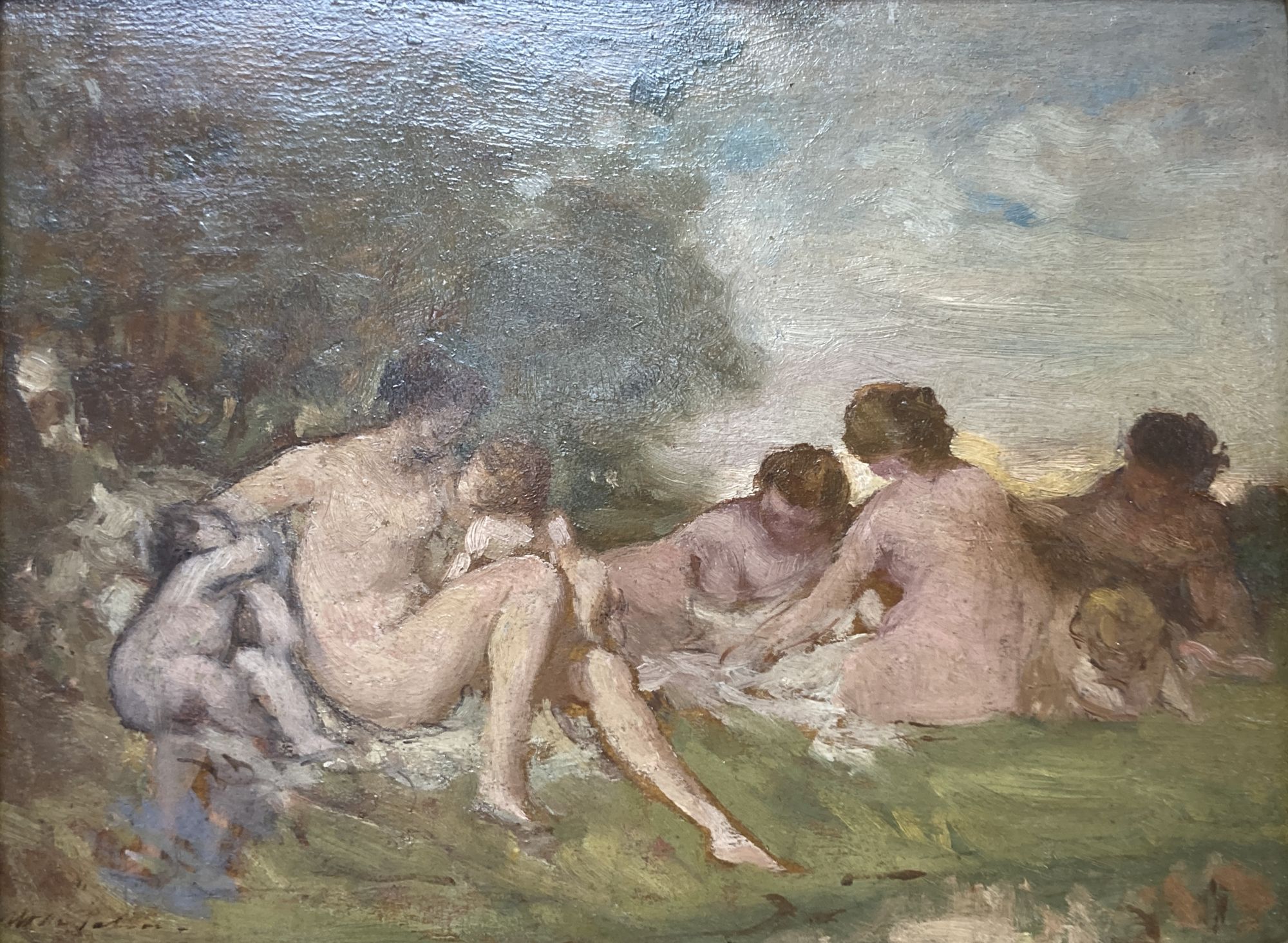 English School c.1908, oil on board, Sketch for Reynolds Cupids, indistinctly signed, 15 x 20cm